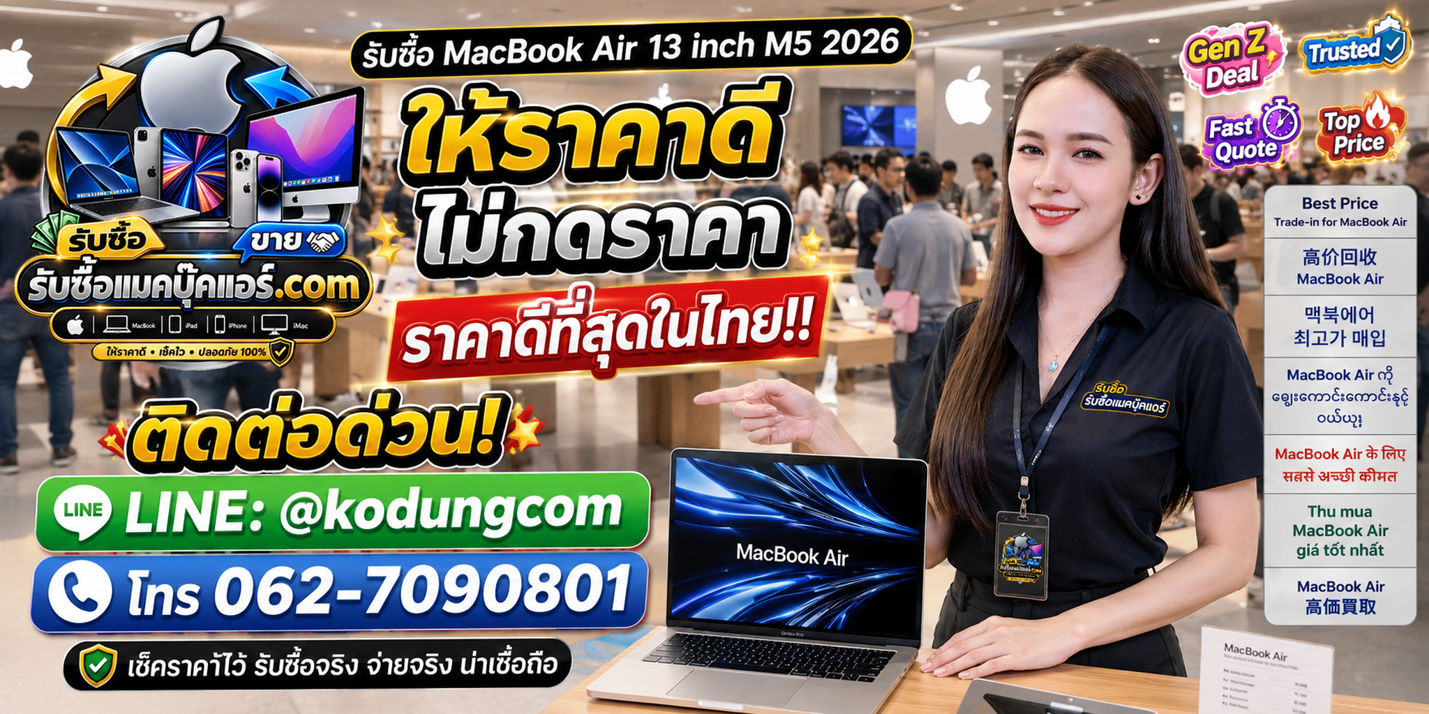 รับซื้อ ขาย จำหน่าย MacBook Air 13 inch M5 2026 ประเมินราคาและบริการรับถึงที่